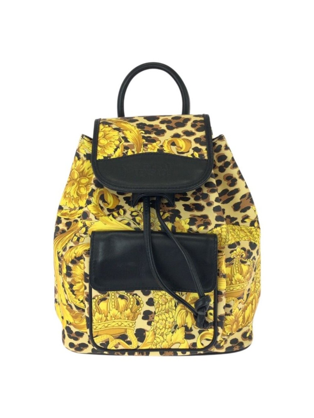 Versace Vintage Baroque Pattern Yellow Black Gold Leather Backpack